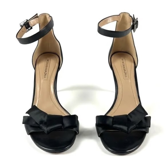 ✨BCBGMAXAZRIA Vero Cuoio Black Leather Satin Bow Ankle Strap Sandal Heel Size 8✨ - Picture 1 of 10